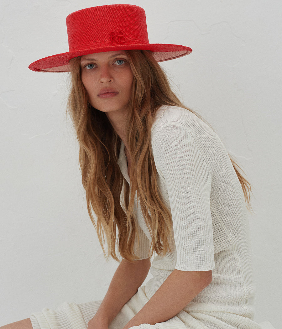 Monogram-embellished Bi-Color Boater Hat CNT034/039-STR-SRB-2B-XS Ruslan Baginskiy Monogram-embellished Bi-Color Boater Hat CNT034/039-STR-SRB-2B-XS Ruslan Baginskiy