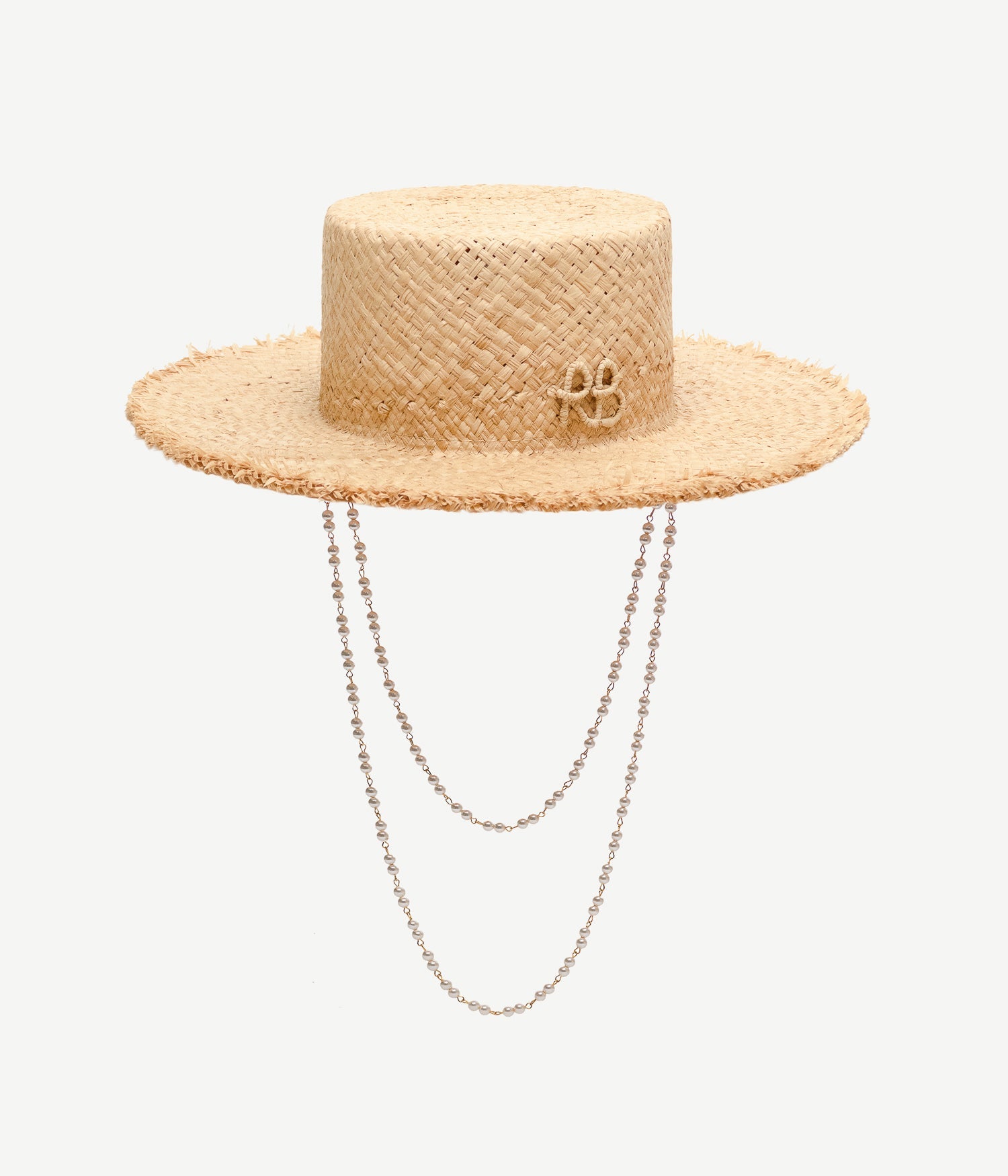 Pearl Chain Frayed-Brim Canotier Hat Pearl Chain Frayed-Brim Canotier Hat