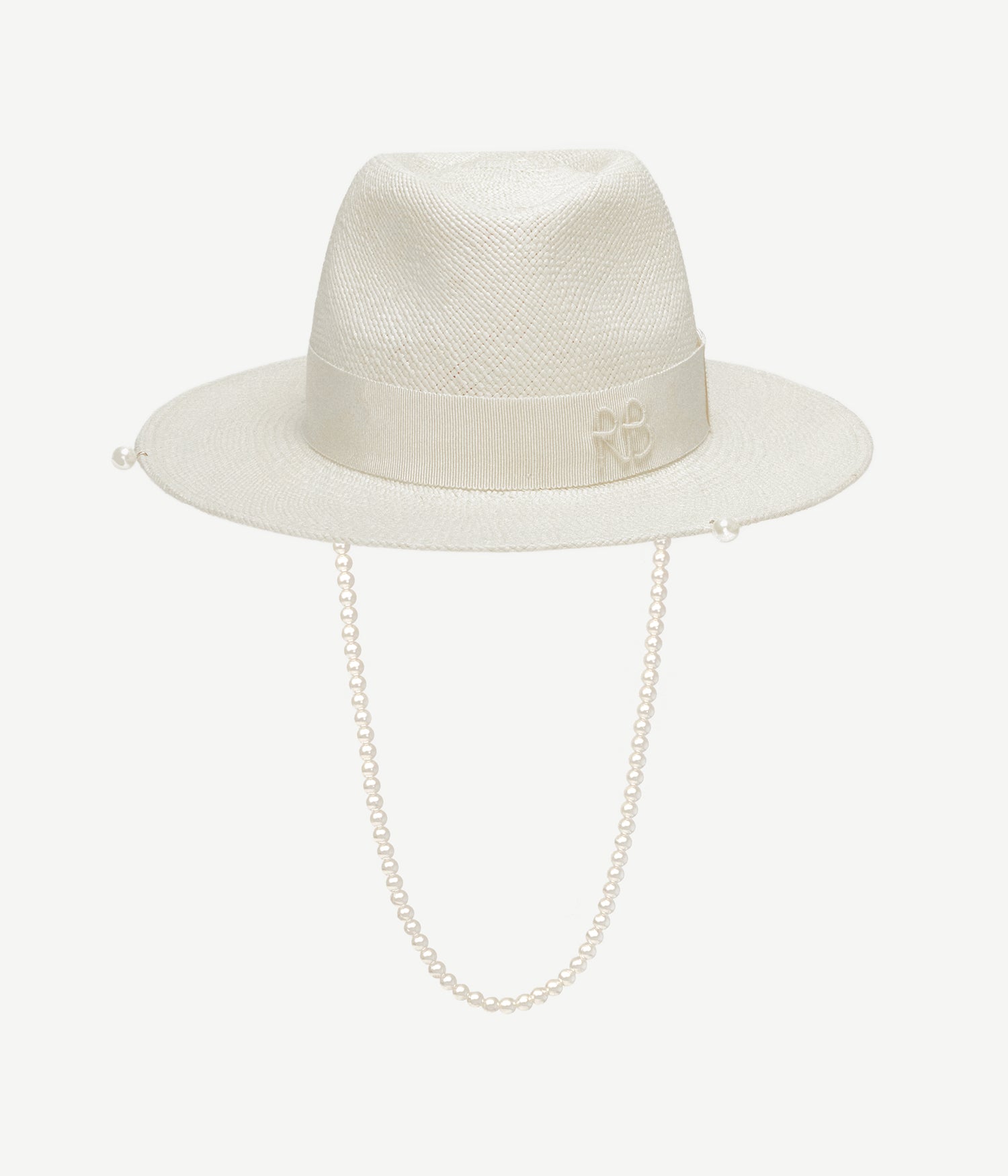 Pearls-embellished Straw Fedora Hat
