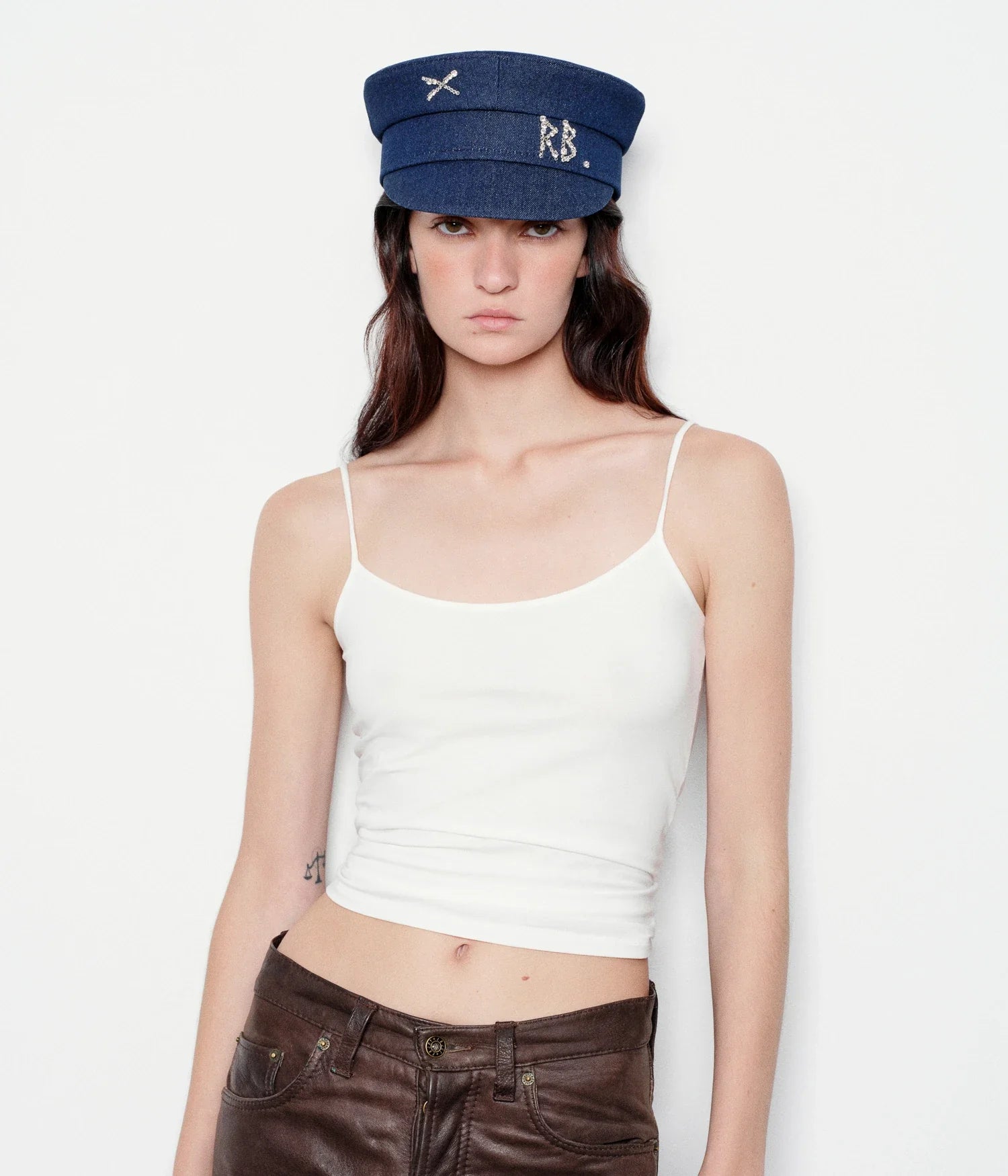 Crystal-Embellished Denim Baker Boy Cap Crystal-Embellished Denim Baker Boy Cap
