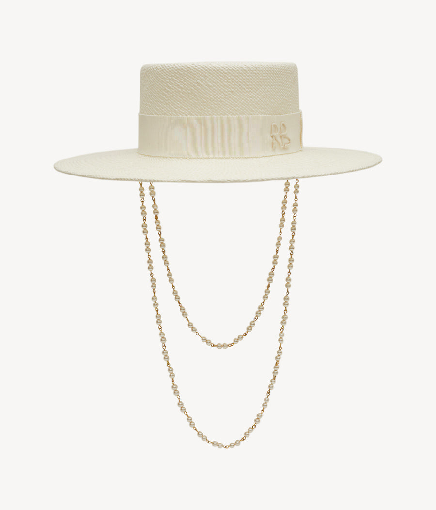 Double Chain Strap Boater Hat CNT035-STR-PRL-2CHA-WRB-XS Ruslan Baginskiy Double Chain Strap Boater Hat CNT035-STR-PRL-2CHA-WRB-XS Ruslan Baginskiy