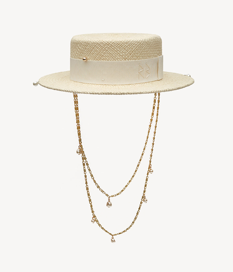 Double Chain Strap Straw Boater Hat CNT035-STR-PRS-2CHA-XS Ruslan Baginskiy Double Chain Strap Straw Boater Hat CNT035-STR-PRS-2CHA-XS Ruslan Baginskiy