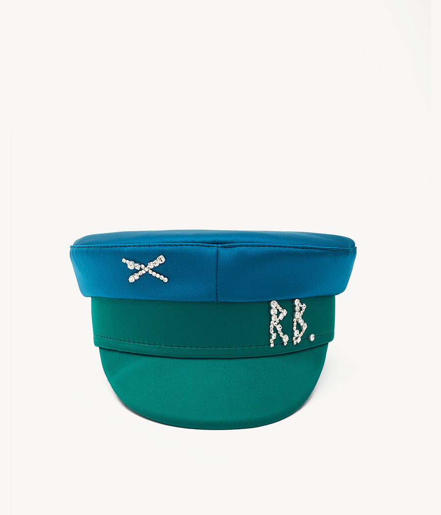 Crystal-embellished Green Satin Baker Boy Cap KPC077/007-STN-DMD-XXS Ruslan Baginskiy Crystal-embellished Green Satin Baker Boy Cap KPC077/007-STN-DMD-XXS Ruslan Baginskiy