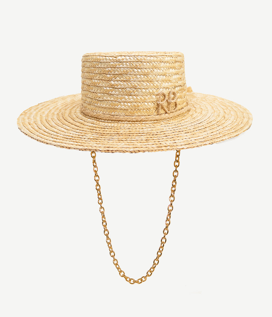Photo, Hats, Monogram-embellished Chain Strap Straw Boater Hat