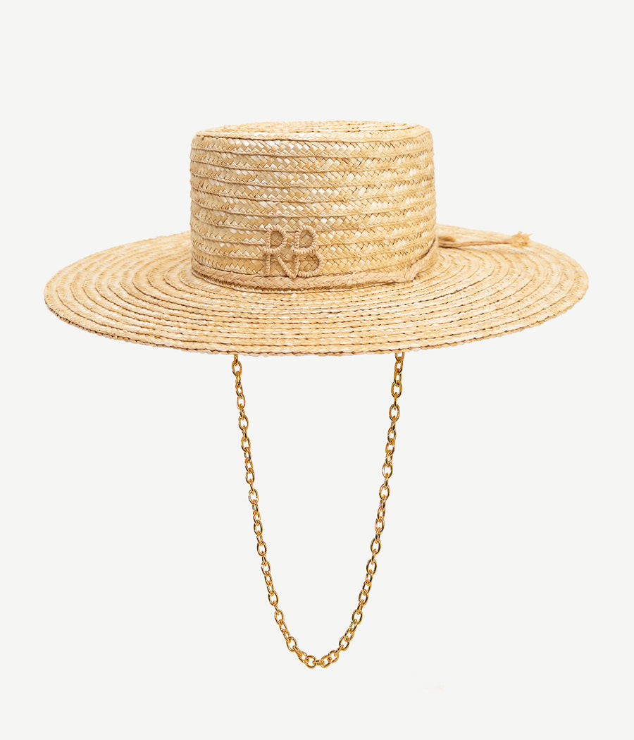 Photo, Hats, Monogram-embellished Chain Strap Straw Boater Hat