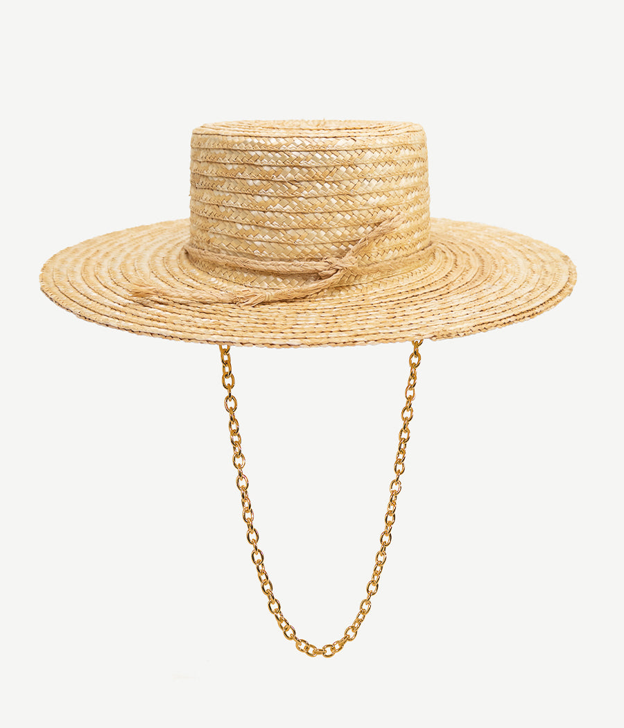Photo, Hats, Monogram-embellished Chain Strap Straw Boater Hat