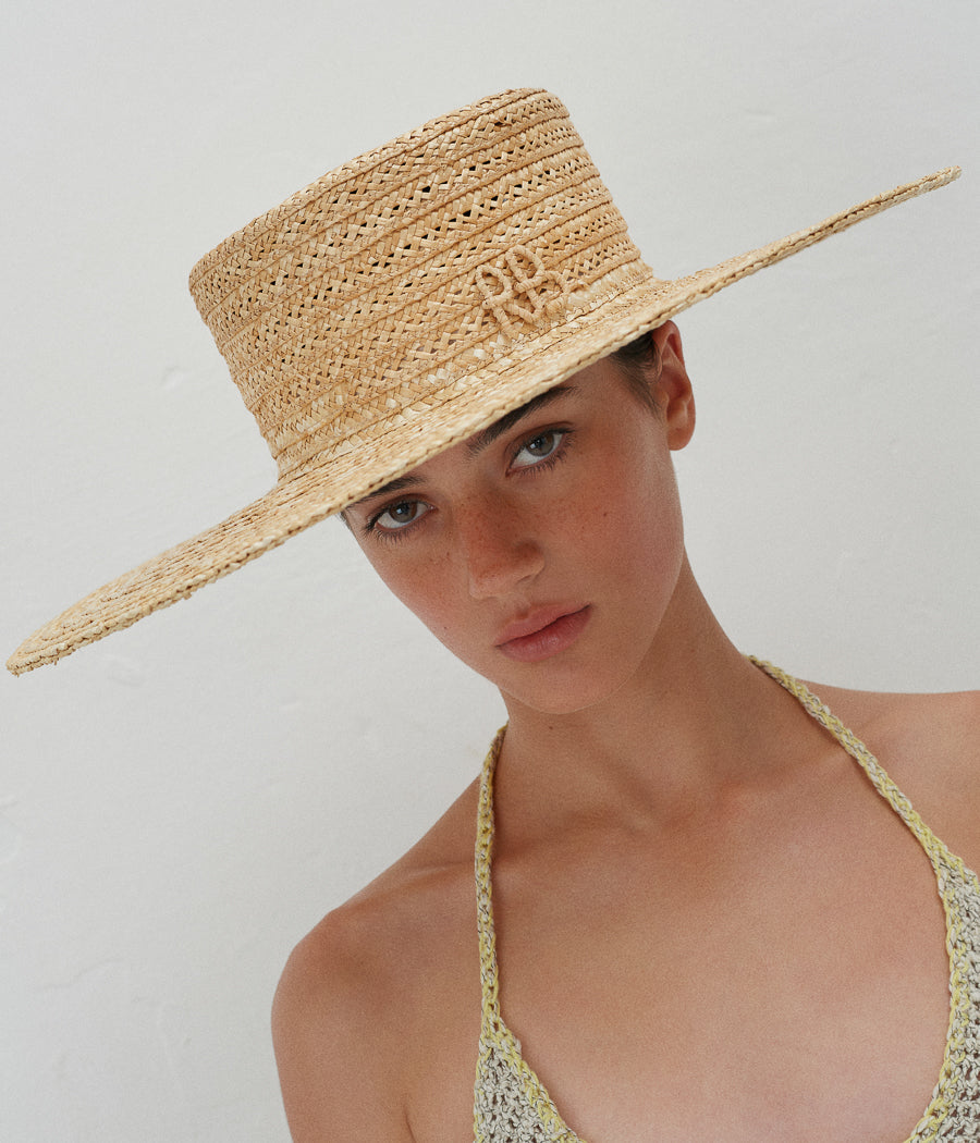 Monogram-embellished Wide-Brim Boater Hat CNT036-STR-SRB-13P Ruslan Baginskiy