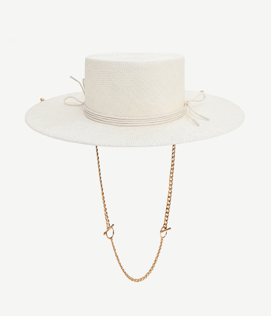 Photo, Canotier Hat, Chain Strap Sisal Canotier Hat