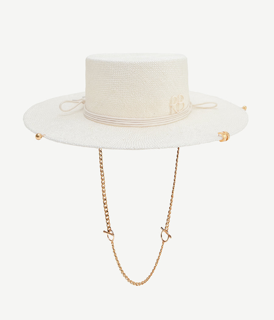 All Hat shapes, A unique sisal canotier hat with a chain strap, made from 100% straw and accented with cotton trim, handcrafted in Ukraine.