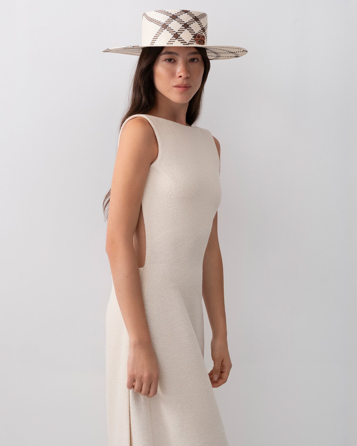 Photo, Canotier Hat, Diagonal-Stripe Straw Canotier Hat