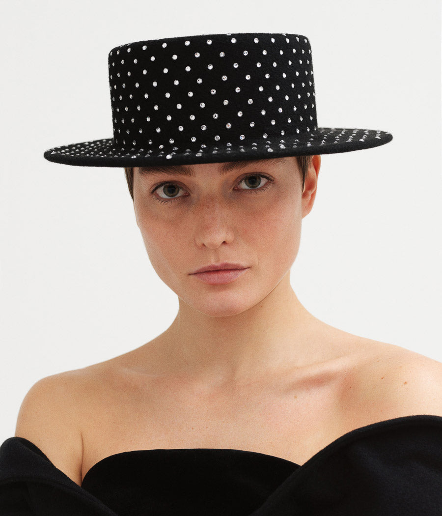 Black Friday Archive by RB, Crystal-embellished Canotier Hat CNT101-F-DMD-XS Ruslan Baginskiy