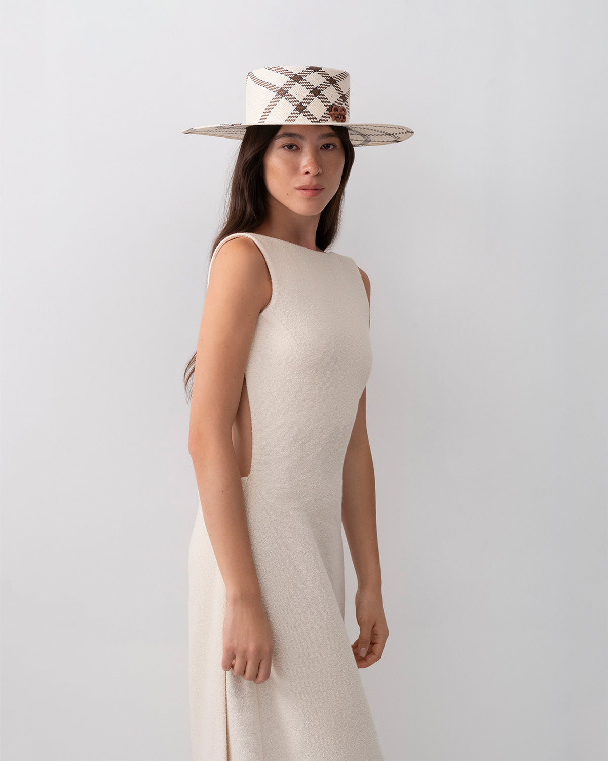 Photo, Canotier Hat, Diagonal-Stripe Straw Canotier Hat