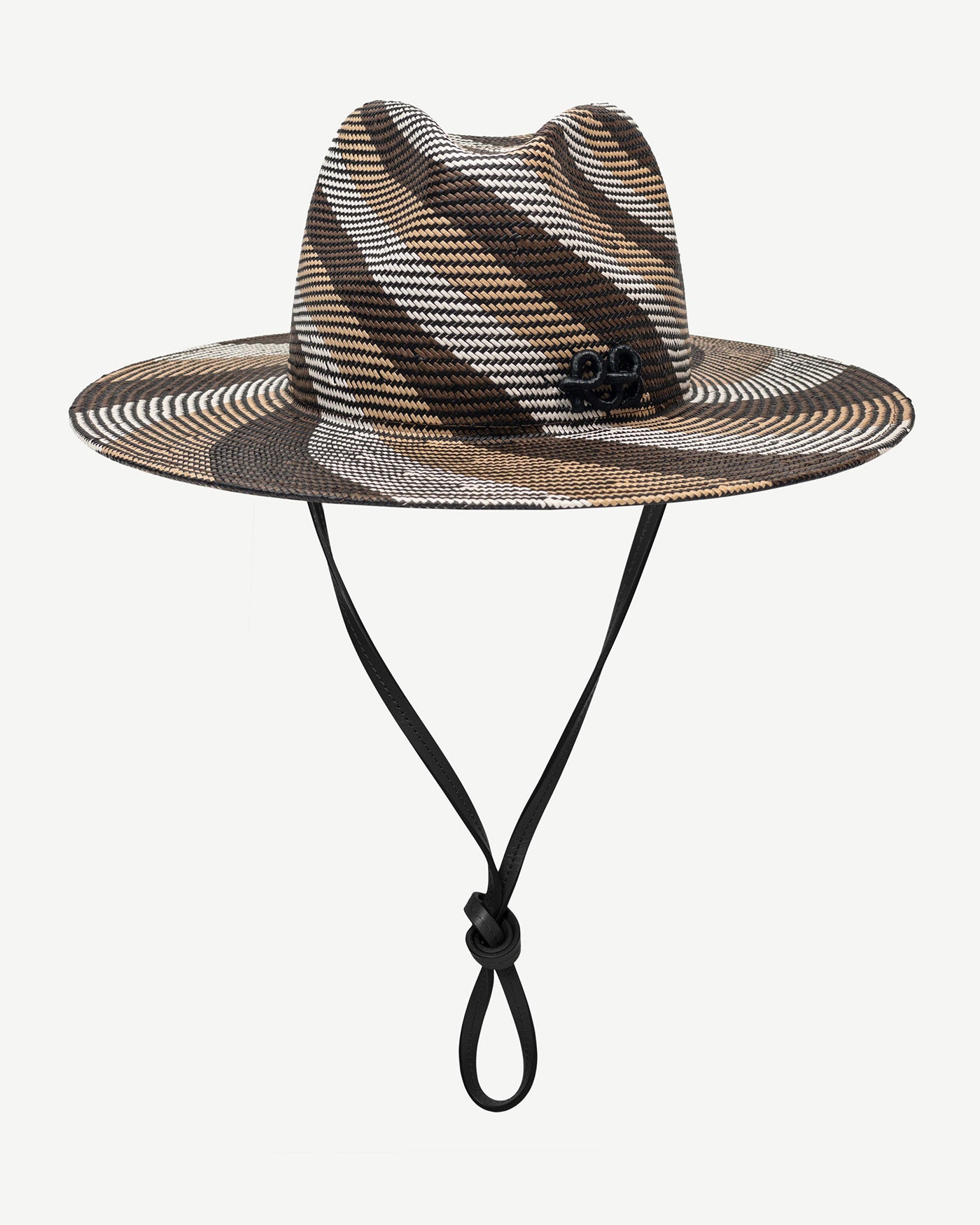 Diagonal-Stripe Straw Fedora Hat with Leather trim
