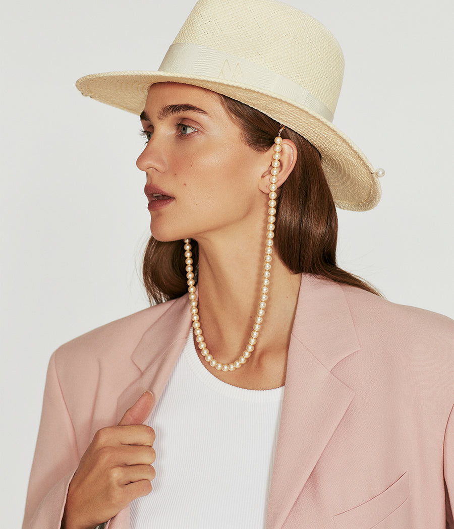 RB Fedora, Gambler or Boater Straw and Sun Hats, Pearls-embellished Straw Fedora Hat FDR035-STR-PRS-PRL-CHA-XS Ruslan Baginskiy