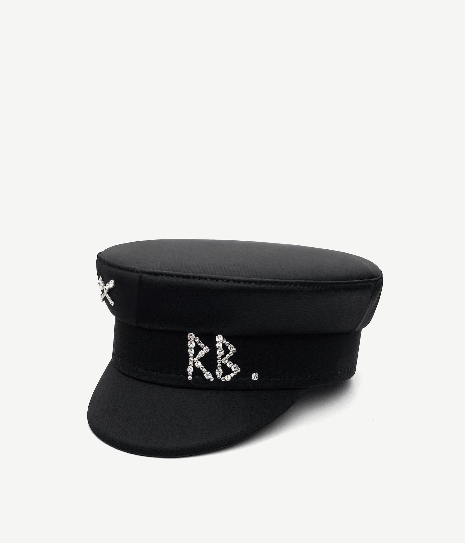 Photo, Baker Boy Cap, Crystal-embellished Black Satin Baker Boy Cap