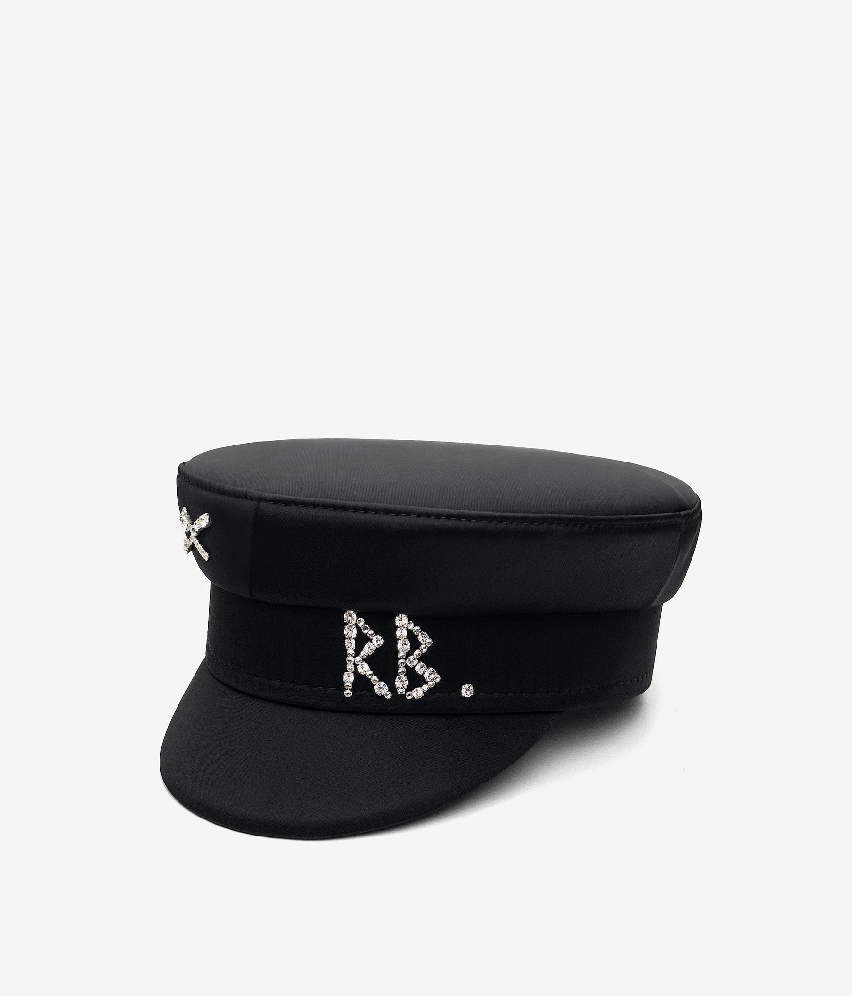 Crystal-embellished Black Satin Baker Boy Cap KPC033-STN-DMD-XXS Ruslan Baginskiy