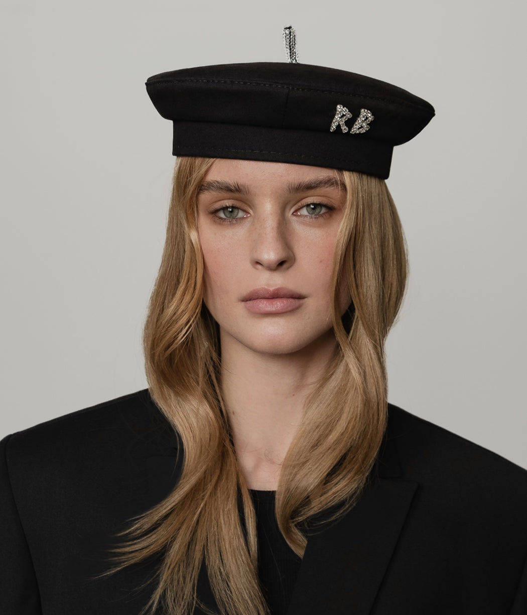 Beret / Sailor Hat, Crystal-Embellished Black Cotton Beret BRT033-C-DMD-XS Ruslan Baginskiy