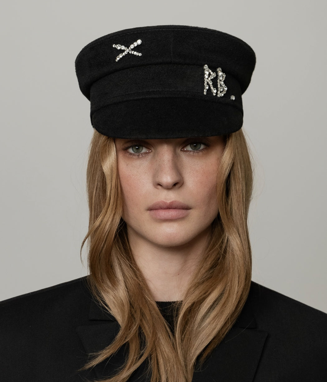 Photo, Baker Boy Cap, Crystal-embellished Black Wool Baker Boy Cap