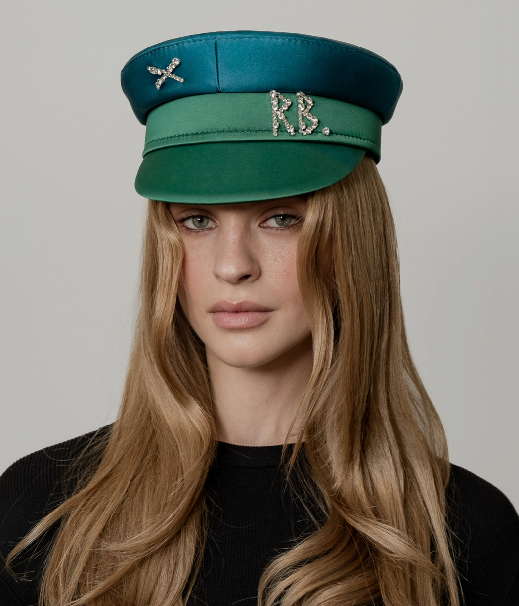 Crystal-embellished Green Satin Baker Boy Cap KPC077/007-STN-DMD-XXS Ruslan Baginskiy