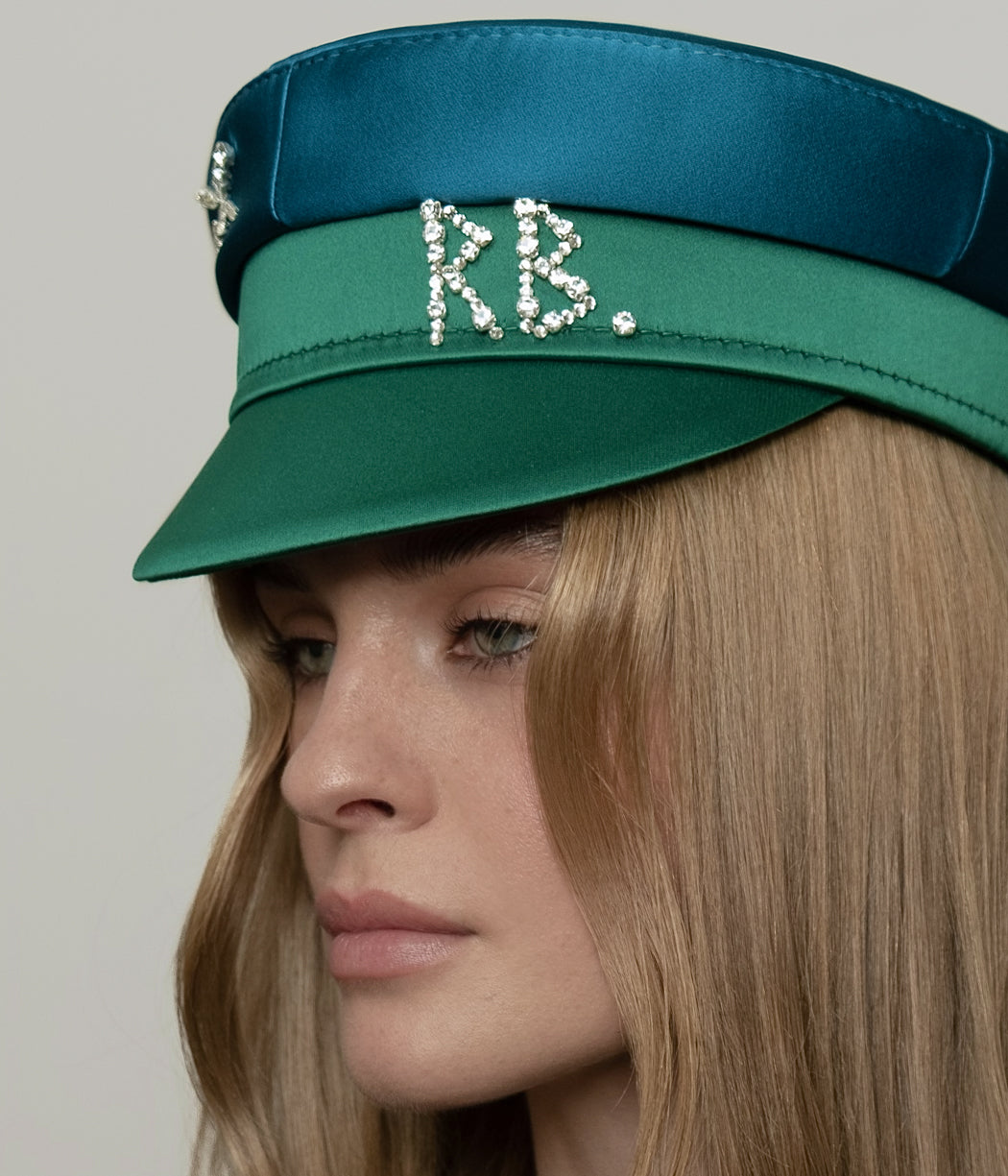 Photo, Baker Boy Cap, Crystal-embellished Green Satin Baker Boy Cap