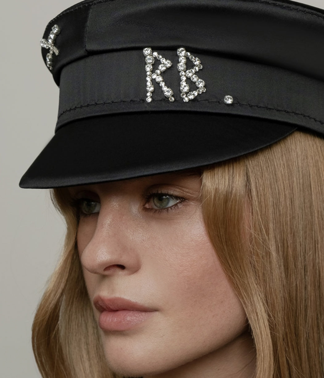 Photo, Baker Boy Cap, Crystal-embellished Black Satin Baker Boy Cap