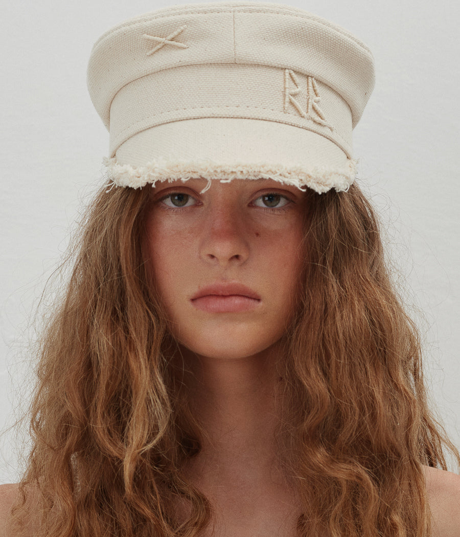 Summertime, Monogram-embellished Fringed Baker Boy Cap KPC035-C-BHR-NSNR-XXS Ruslan Baginskiy