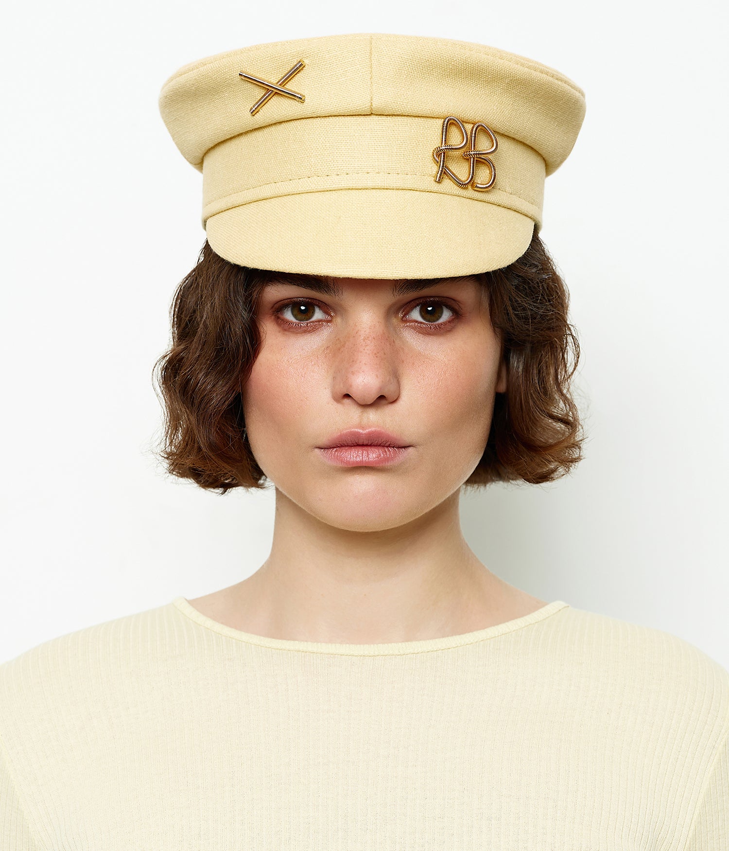 Linen Baker Boy Cap with Gold-Tone Logo-plaque