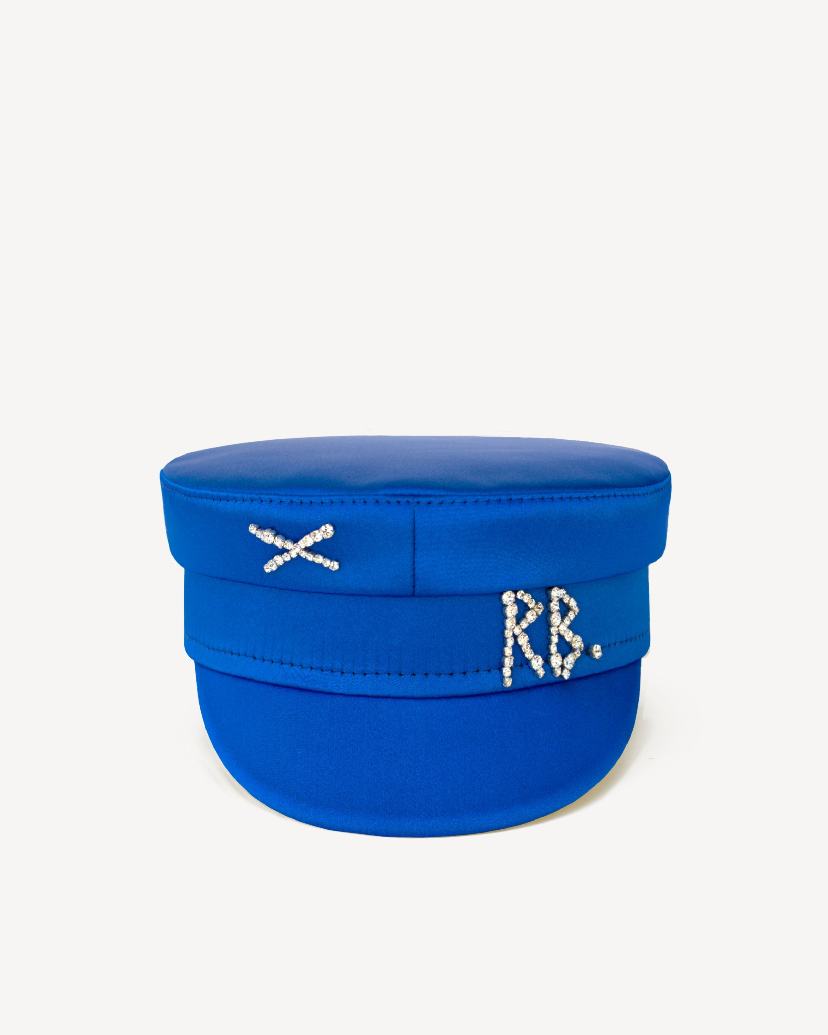 Crystal-embellished Blue Satin Baker Boy Cap