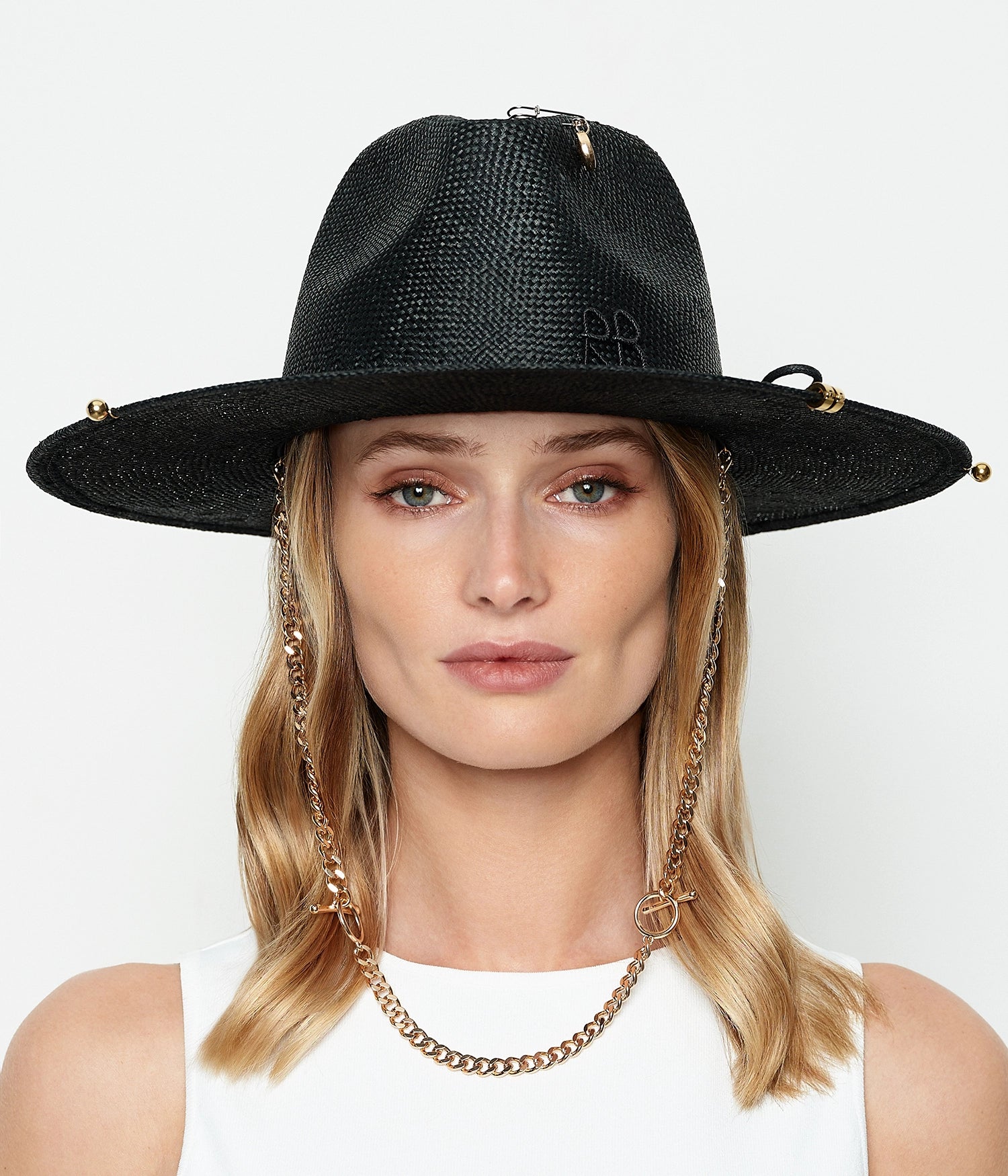 Hats, Chain Strap Straw Fedora Hat