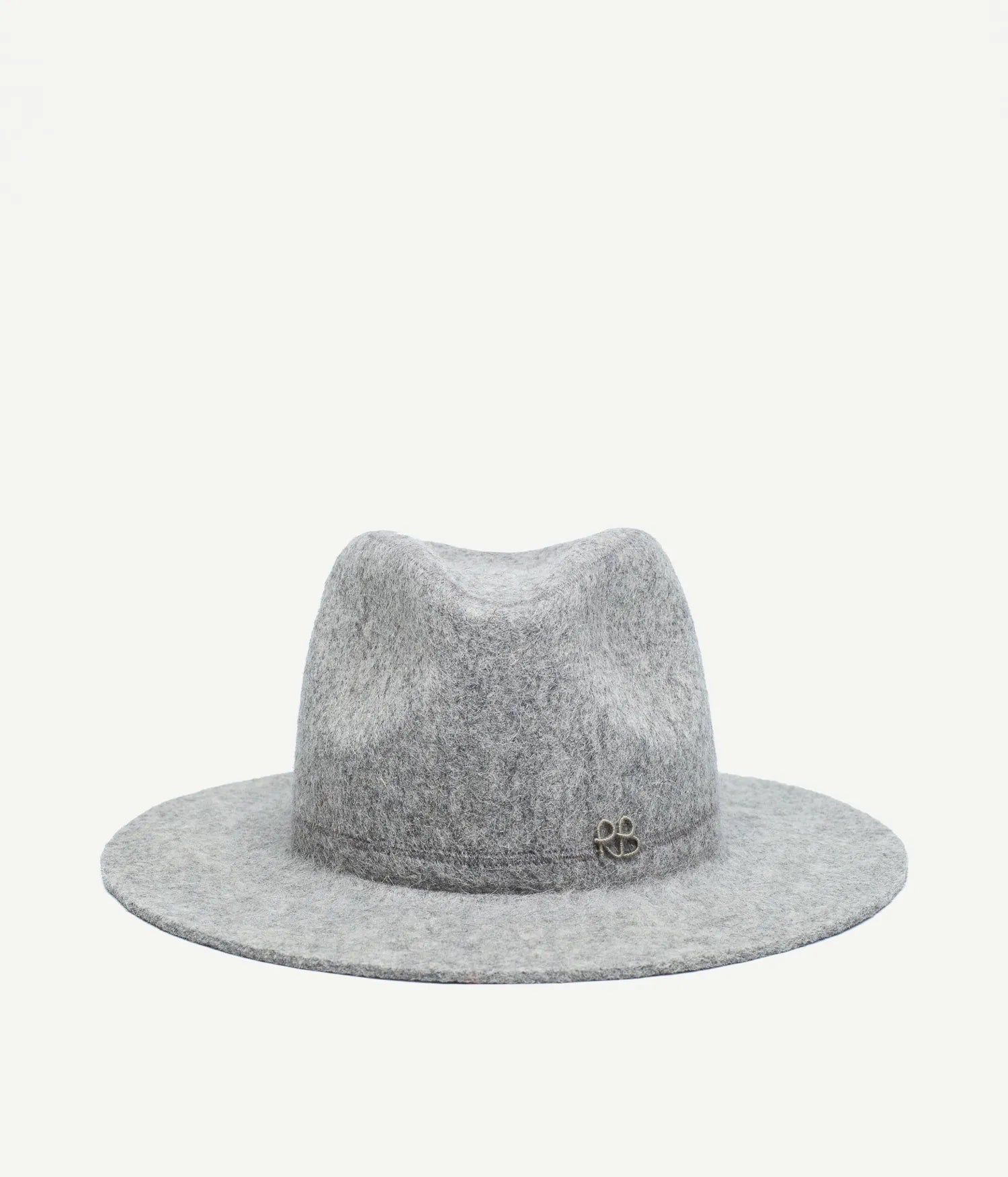 44_10_40, Grey fedora hat with logo embellishment, featuring a wool felt exterior. Artisanal craftsmanship.