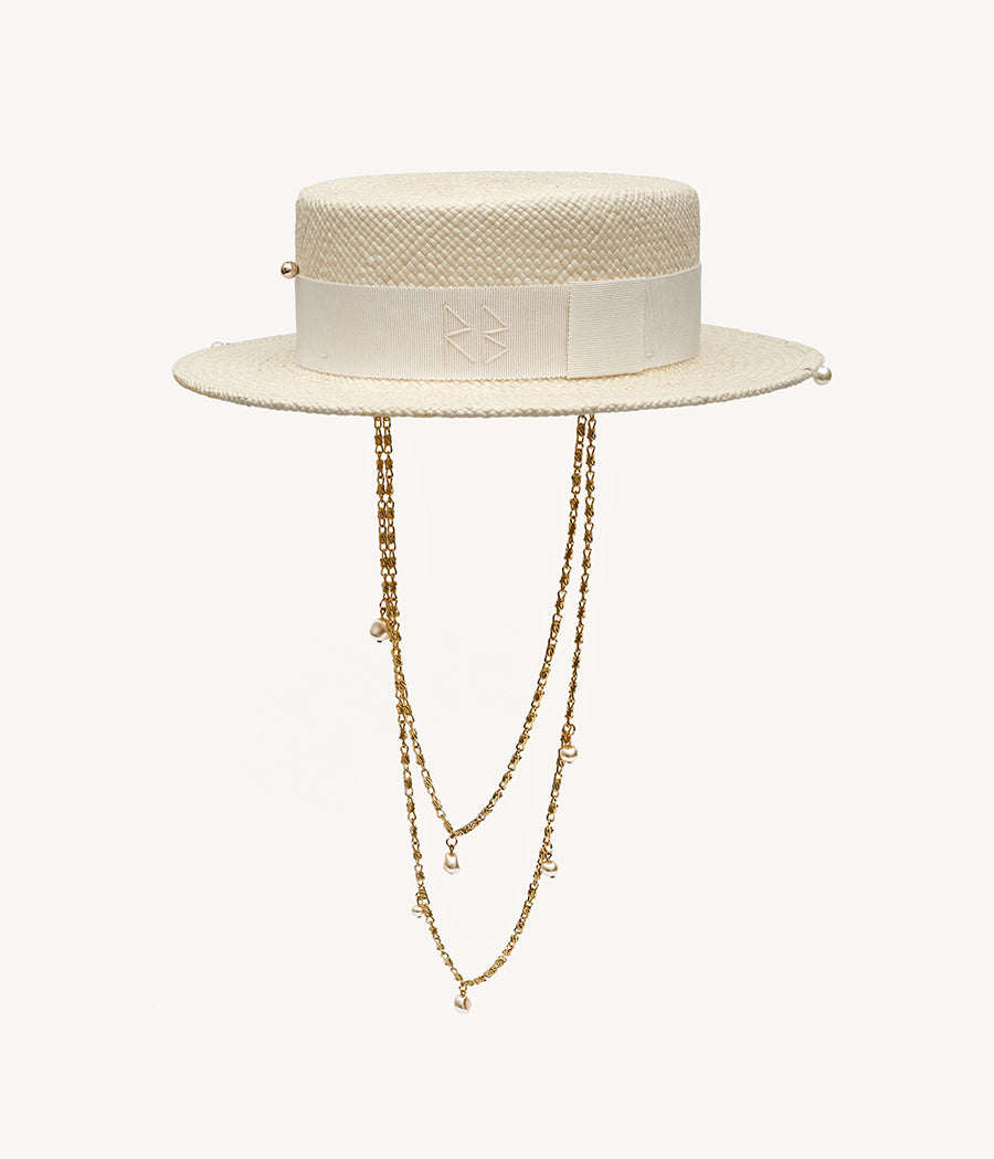 Photo, Canotier Hat, Double Chain Strap Straw Boater Hat