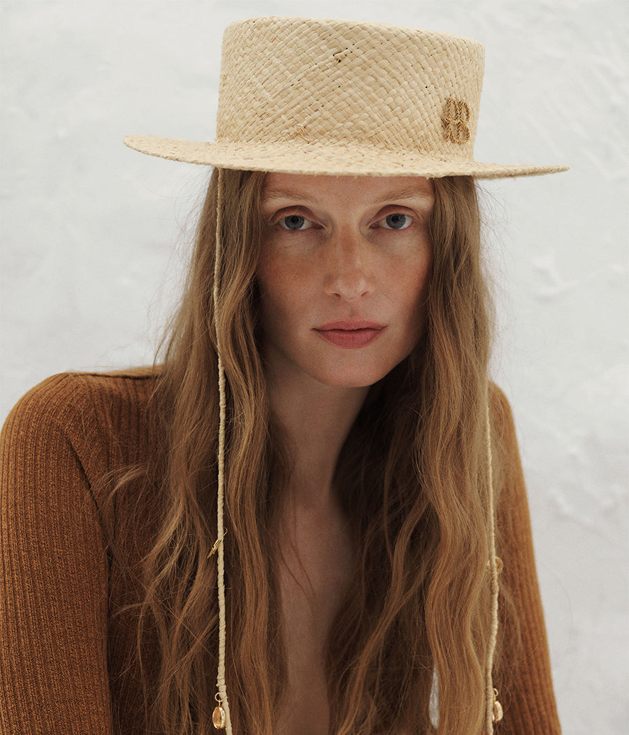 Monogram-embellished Boater Hat CNT036-STR-BR-MRB-XS Ruslan Baginskiy