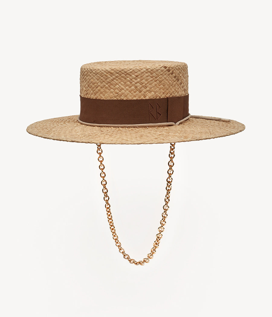 RB Fedora, Gambler or Boater Straw and Sun Hats, Chain Strap Straw Boater Hat CNT036/09-STR-CHA-XS Ruslan Baginskiy