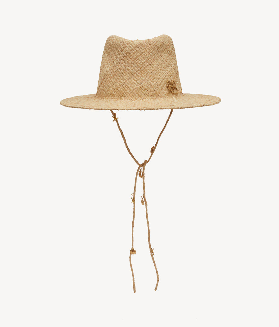 All Hat shapes, Ruslan Baginskiy Monogram-embellished Fedora Hat is an elevated naturalness. Crafted from 100% straw, the piece is embellished with RB monogram and gold-tone pendants.Watching the night sky to wish upon a shooting star should be done at least once during this summer. But we don’t believe that making wishes should be limited to falling stars. That’s why we offer gold-tone sea stars and shells — kind of summer amulets for lucky style. And if you wish for a perfect straw hat, they will easily make this dream come true.