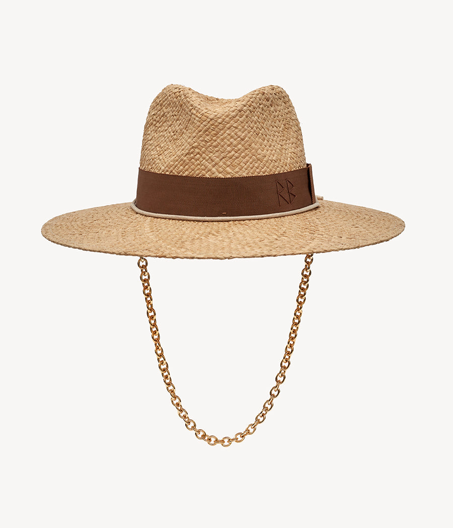 44_50_80, Ruslan Baginskiy Chain Strap Straw Fedora Hat is decorated with gold-tone chain and a cotton trim. It looks cool yet elegant, as well as you do. Equal parts versatile and trendy, this hat is a key element for the warm season wardrobe. One more tip: this accessory matches perfectly with sunshine, seaside and a dreamy summer mood.