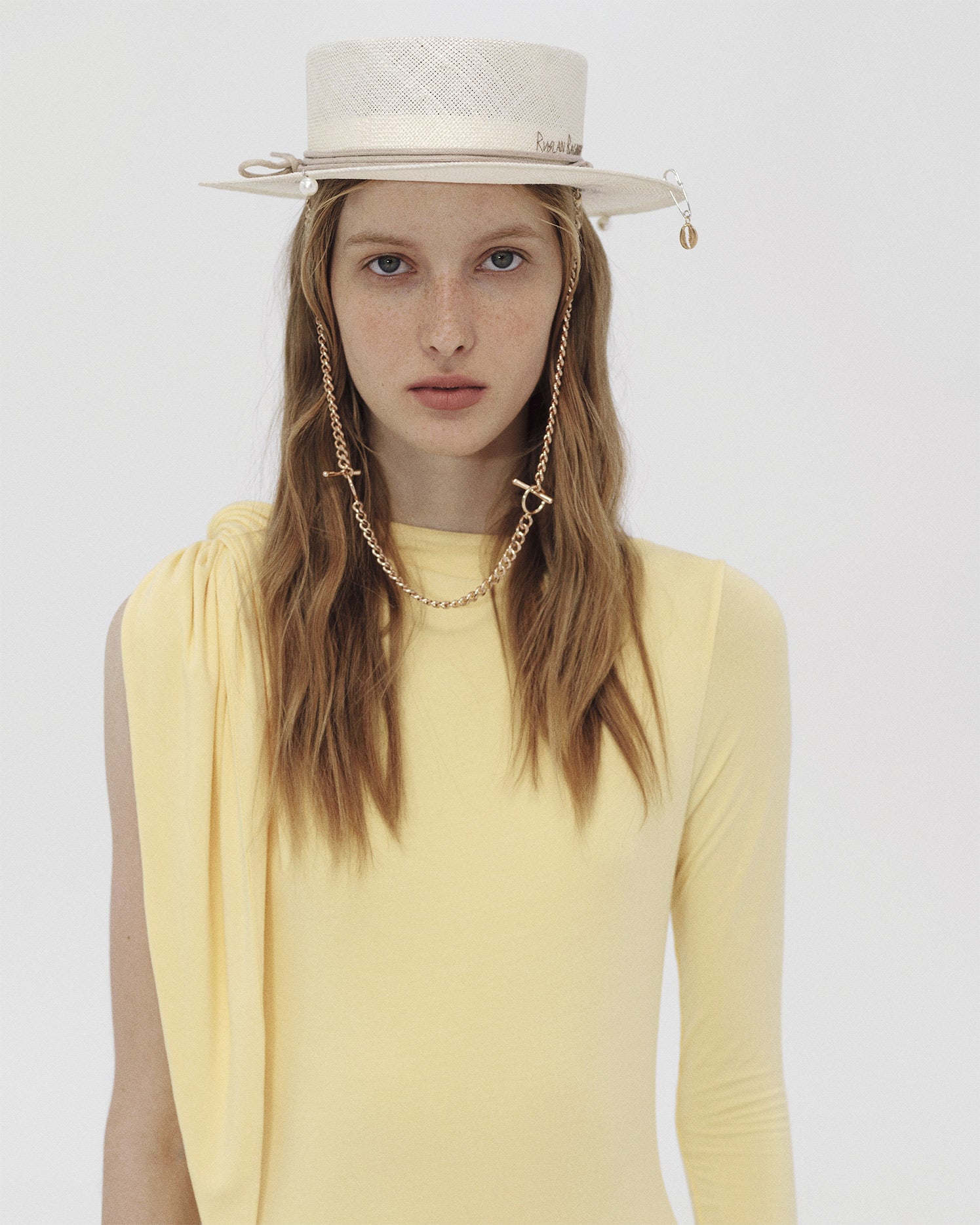 44_10, Chain Strap Straw Boater Hat CNT036-SZL-PRS-CHA-XS Ruslan Baginskiy