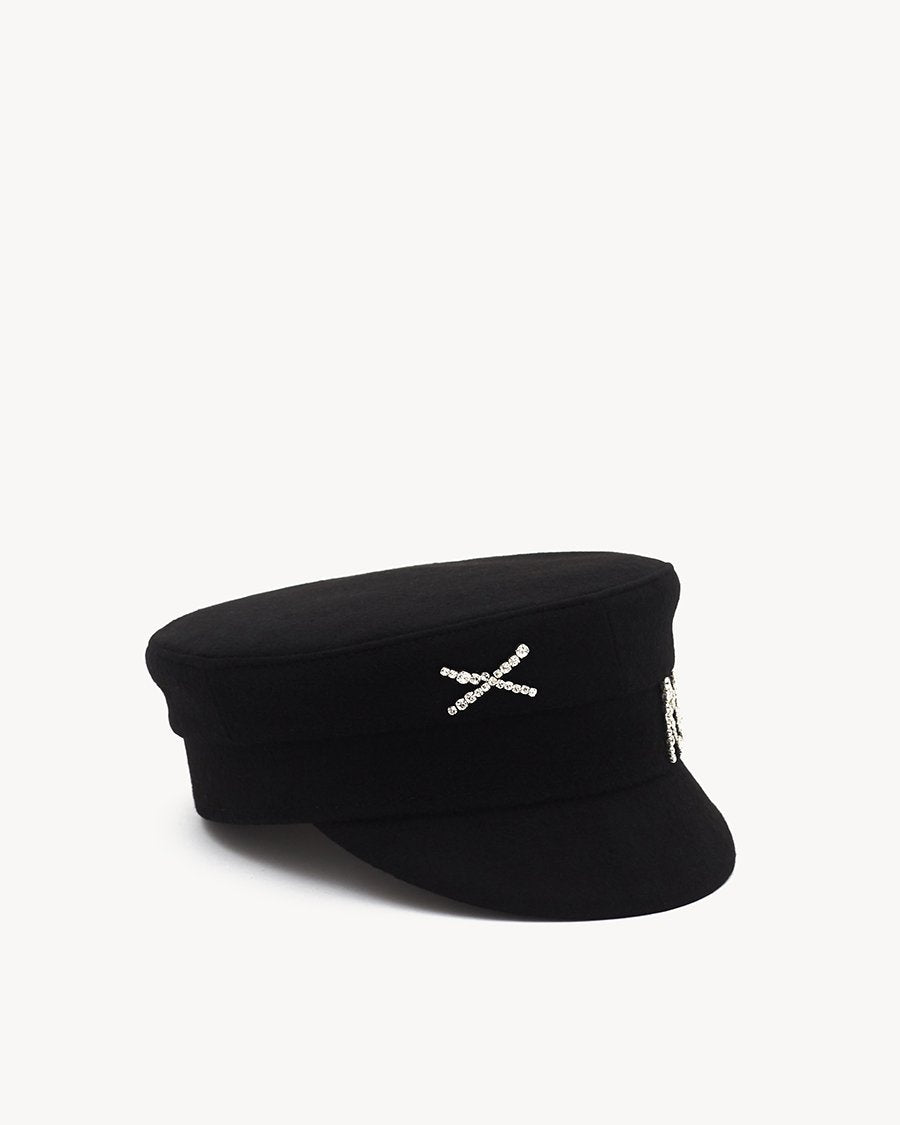 Photo, Baker Boy Cap, Crystal-embellished Black Wool Baker Boy Cap