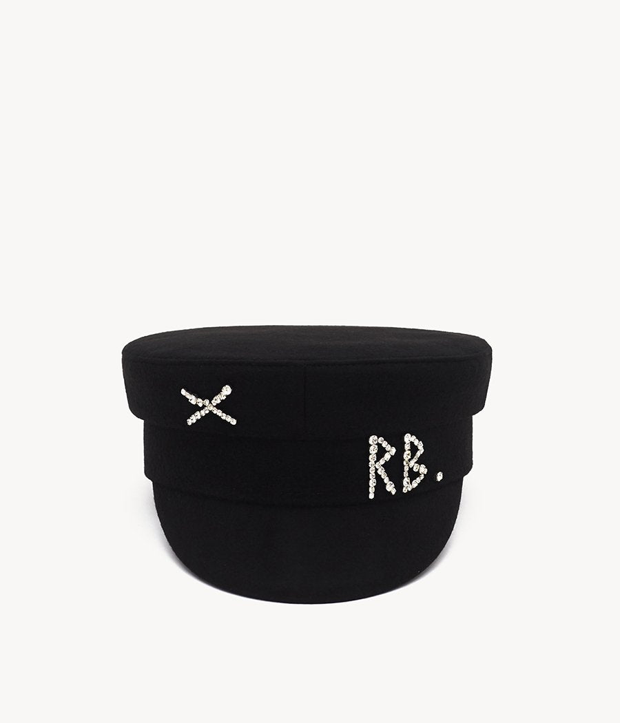Photo, Baker Boy Cap, Crystal-embellished Black Wool Baker Boy Cap