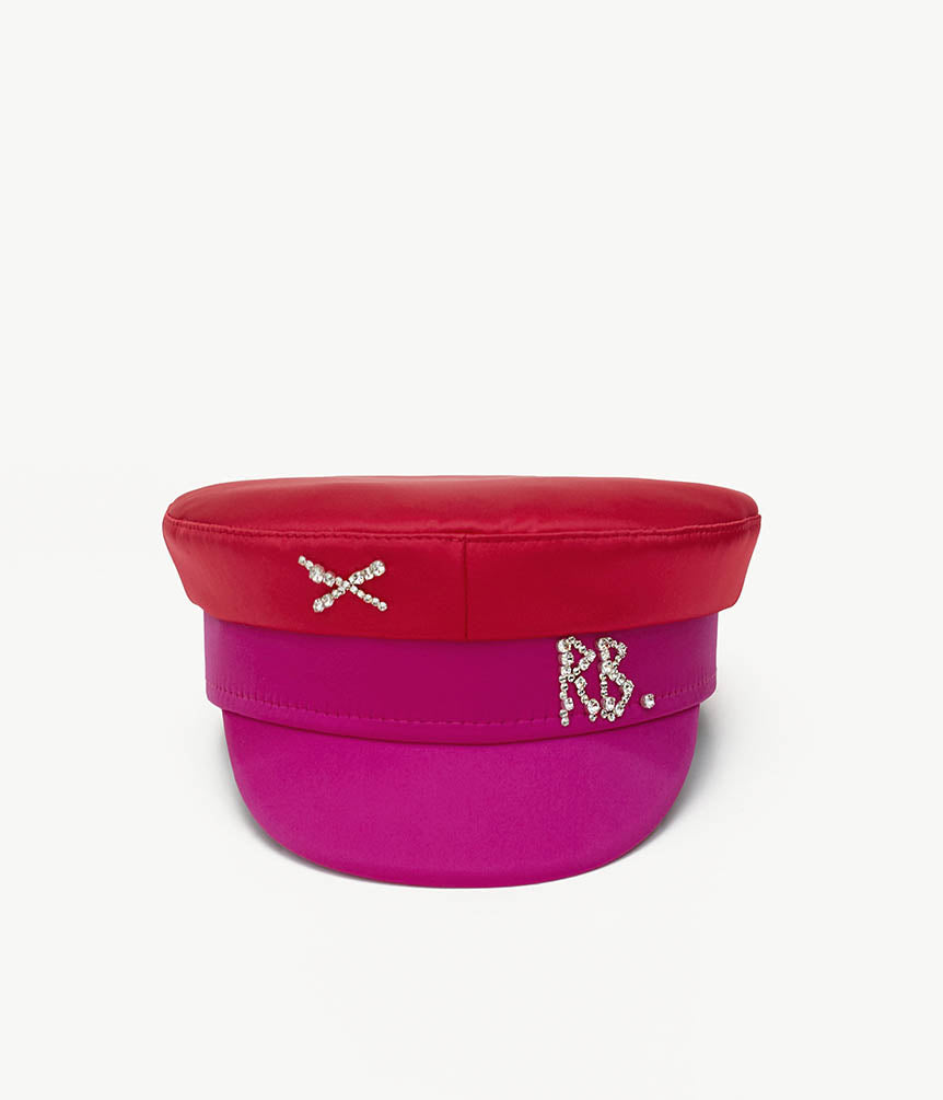 Photo, Baker Boy Cap, Crystal-Embellished Two-colored Satin Baker Boy Cap