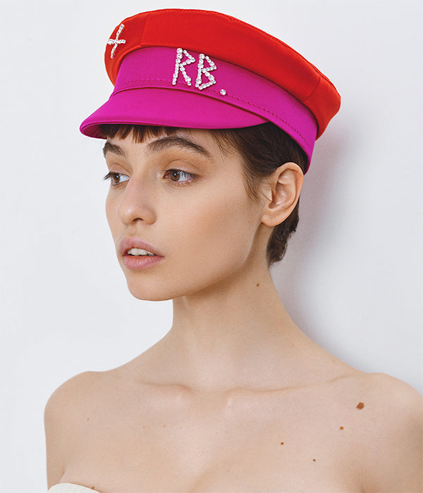 Crystal-embellished Two-colored Satin Baker Boy Cap (4676689002571)