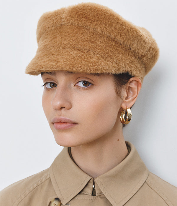 Faux Fur Beige Baker Boy Cap (4676691263563)